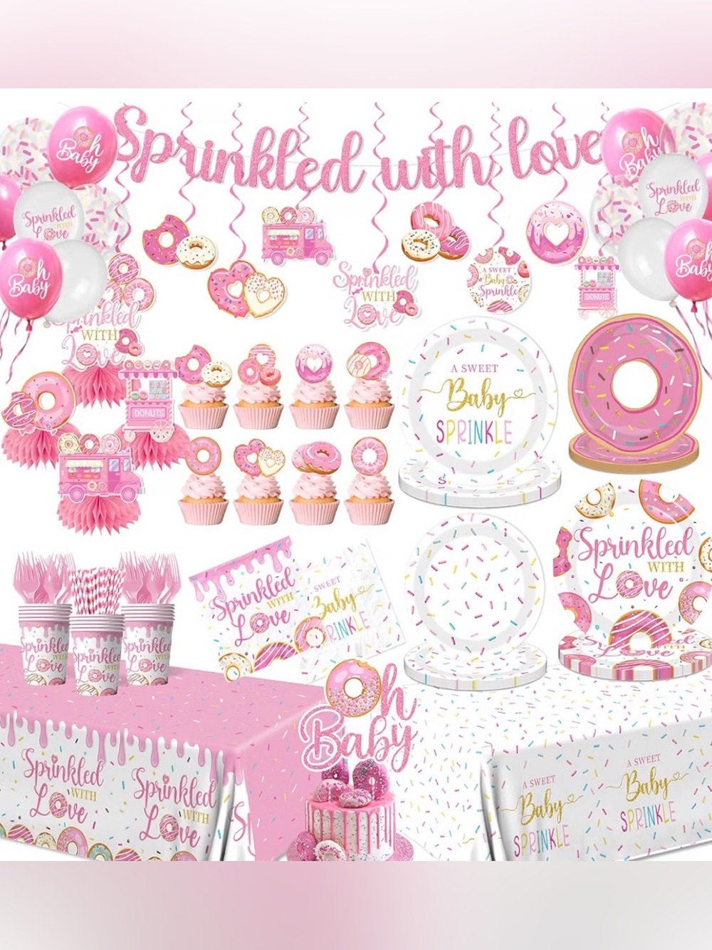 “Sprinkled With Love” Pink Baby Shower Party Supplies Kit Decorations